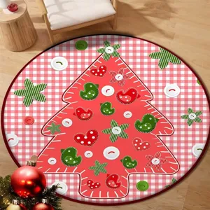 Round red Christmas tree decorative floor mat with bird and heart patterns on wooden floors