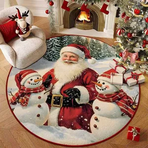 Christmas round floor mat vintage santa snowmen velvet rug for holiday decor item