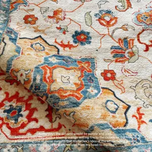 Detailed view of Persian style printed rug, soft texture and vintage floral pattern.