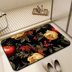 Detailansicht der saugfähigen Badematte mit einem eleganten botanischen Fruchtmuster.