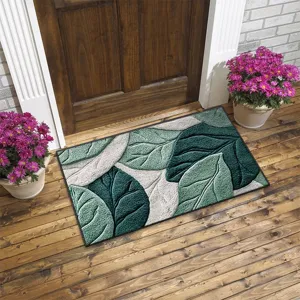 Soft imitation cashmere doormat with elegant green leaf pattern for entryway and bathroom decor.
