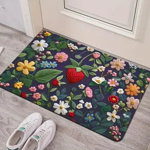 Floral leaf cashmere-like doormat, soft carpet detail showing strawberry botanical pattern.