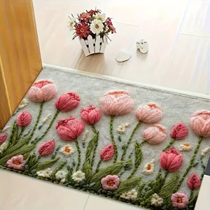 Tufted pink tulip floor mat, soft plush doormat for entry, bathroom and bedroom, cozy.