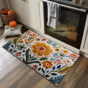 Detailed view of floral tufted area rug with retro botanical flower design, soft floor mat.
