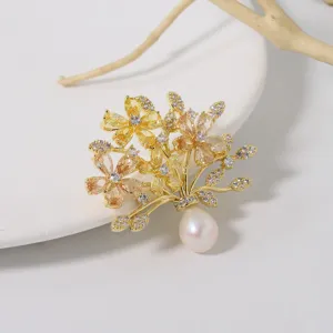 Vintage gold-plated zircon pearl flower brooch elegant women corsage pin jewelry accessory