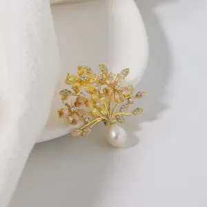 Retro gold-plated zircon pearl bouquet brooch elegant women flower pin jewelry accessory