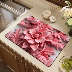 Πατάκι νεροχύτη από γη διατόμων, 3d ροζ λουλουδένιο απορροφητικό πατάκι κουζίνας.