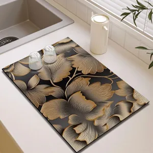Luxurious black and gold floral diatomaceous earth kitchen draining mat, absorbent soft pad for counter.