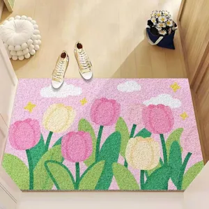 Rutschfeste Tulpen Fußmatte mit rosa Wolken Design, ideal für Flur und Eingangsbereich zu Hause.