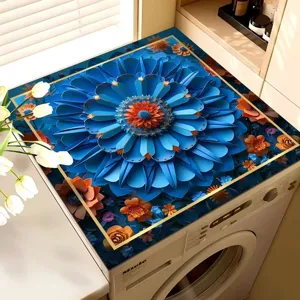 Washing machine top cover mat detail view featuring vibrant blue paper cut flower pattern.