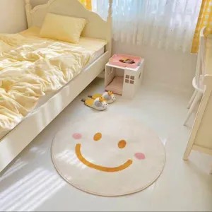 Close-up detail of cozy round fluffy rug, soft bedroom carpet with cute smiley face pattern.