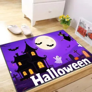 Halloween haunted house pattern crystal velvet water absorbent anti-slip floor mat detail view.