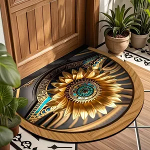 Detail shot of semicircular doormat featuring golden sunflower and retro geometric design.