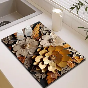 Black gold luxury floral diatomaceous earth dish drying mat for kitchen counter, absorbent soft pad.