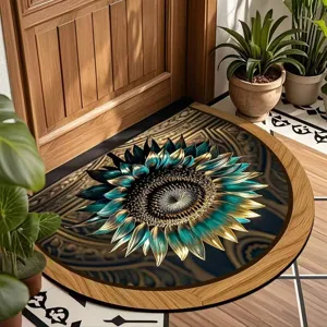 Close-up detail of a retro bohemian semi-circular crystal velvet doormat with teal and gold sunflower pattern.