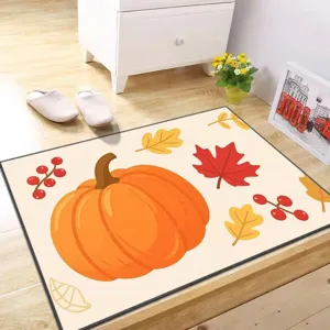 Detail view of autumn pumpkin print non-slip absorbent floor mat for home entrance