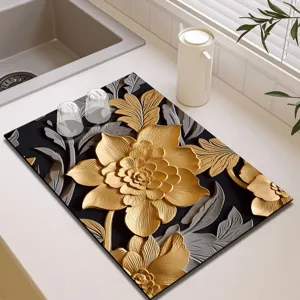 Black gold luxury floral diatomaceous earth kitchen dish drying mat detail and scene view