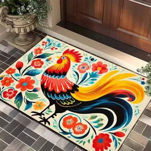 Colorful rooster doormat with vibrant floral folk art design for home entrance and doorway use.