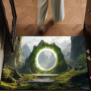 Detailansicht der 3D-Fantasieportal-Fußmatte auf Holzboden mit saugfähiger Textur.