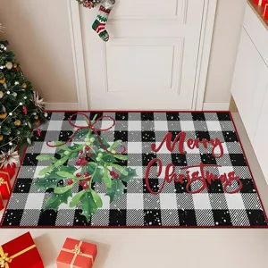 Christmas doormat detail view featuring buffalo plaid pattern, mistletoe and red holiday text.