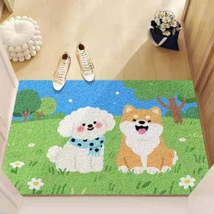 Alfombra de puerta de dibujos animados lindos con caniche blanco y diseño de shiba inu.