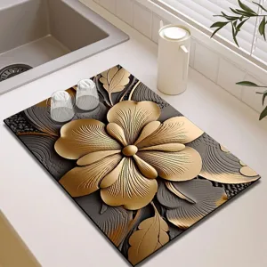Luxury black gold flower kitchen draining mat absorbent diatomaceous earth drying pad for bowls