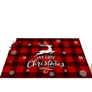 Christmas plaid door mat with reindeer and white snowflake patterns for home holiday decor.