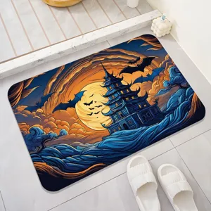 Halloween doormat, spooky castle wave pattern absorbent bathroom floor mat for autumn party.