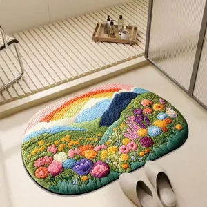 Nordic floral diatomaceous earth bath mat, non-slip absorbent quick-dry floor mat.