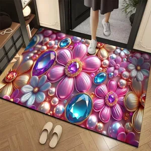 3D Gemstone Floral Doormat Non-Slip Absorbent Entrance Floor Mat for Home Hallway Decor