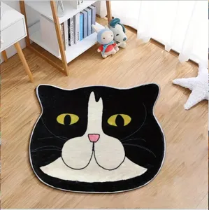 Simpatico tappeto a forma di testa di gatto nero e bianco morbido peluche soggiorno camera