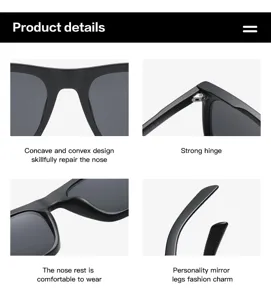 Square sunglasses product details, showing comfortable nose rest, strong hinge and nice legs.