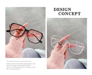 Detailed view of fashionable oversized square blue light glasses and chic sunglasses.