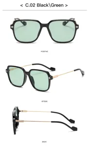 Fashion large frame square sunglasses with green lenses and metal temples, multi-angle detail.