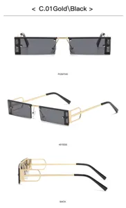 Vue detaillee de lunettes de soleil rectangulaires metalliques or et noir de style.