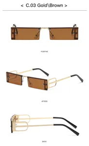 Lunettes de soleil vintage en métal petit carré pour femmes style punk sans monture doré