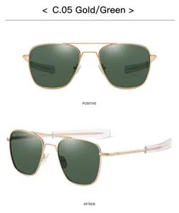Vue détaillée des lunettes de soleil aviateur monture dorée et verres verts polarisés.