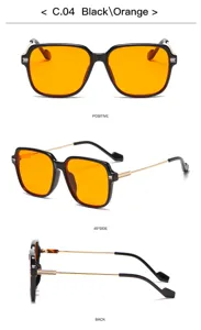 Fashion square sunglasses with black frame and orange lenses, stylish eyewear detail view.