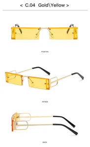 Vue détaillée de lunettes de soleil carrées sans monture avec verres jaunes dorés.