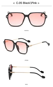 Stylish square sunglasses with gradient pink lenses and black frames. Multi-angle detail view.