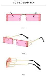 Détails de lunettes de soleil carrées sans monture avec verres roses et branches dorées.