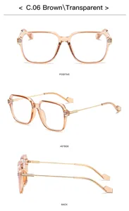 Detailed view of stylish square transparent brown optical frames, showing multi-angle design.