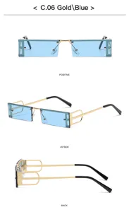 Vue de détail de lunettes de soleil rétro sans monture avec cadre en métal doré et verres bleus.