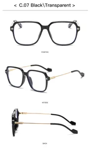 Detail view of stylish large square anti-blue light glasses with black frame and gold temples.