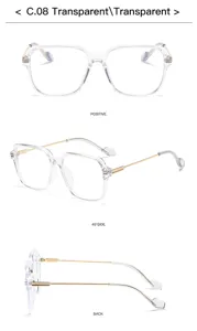 Transparent square anti-blue light glasses detail view showcasing clear frame and gold temples.