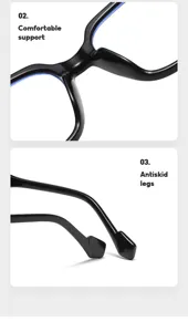 Detalle de montura de gafas cuadrada negra elegante con soporte cómodo y patas antideslizantes.