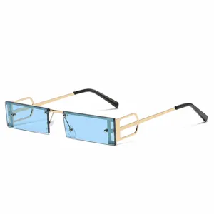 Lunettes de soleil vintage sans monture pour femme cadre métal doré verres bleus rétro chic