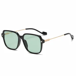 Stylish square frame sunglasses with green lenses and gold temples for fashion daily wear.