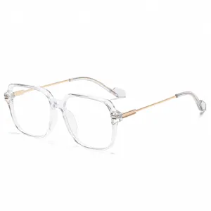 Clear frame fashion big square blue light blocking glasses with stylish metal temples for daily wear.