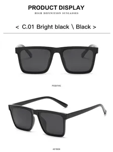 Detail view of black square polarized sunglasses, showing frame texture and side 45 angle.